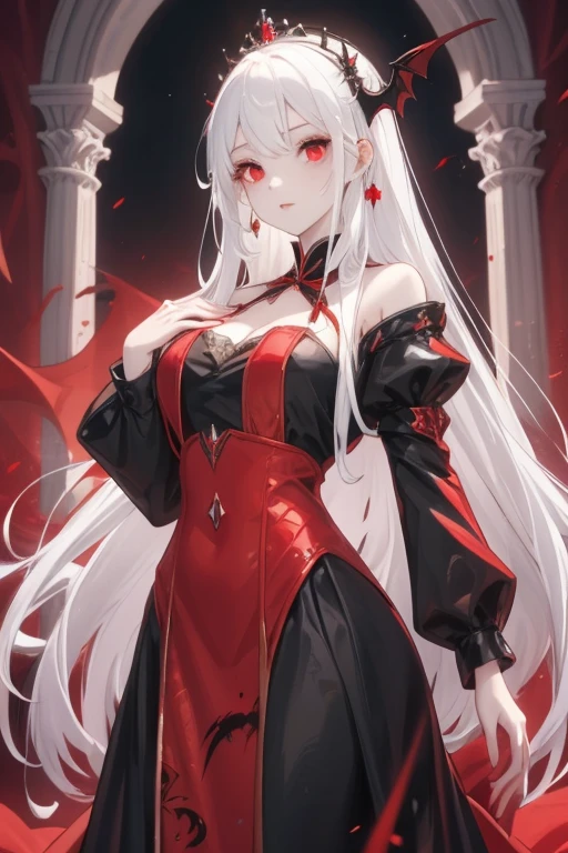 A woman, villain, queen, white hair, red eyes, black and red dress, purple longsword
