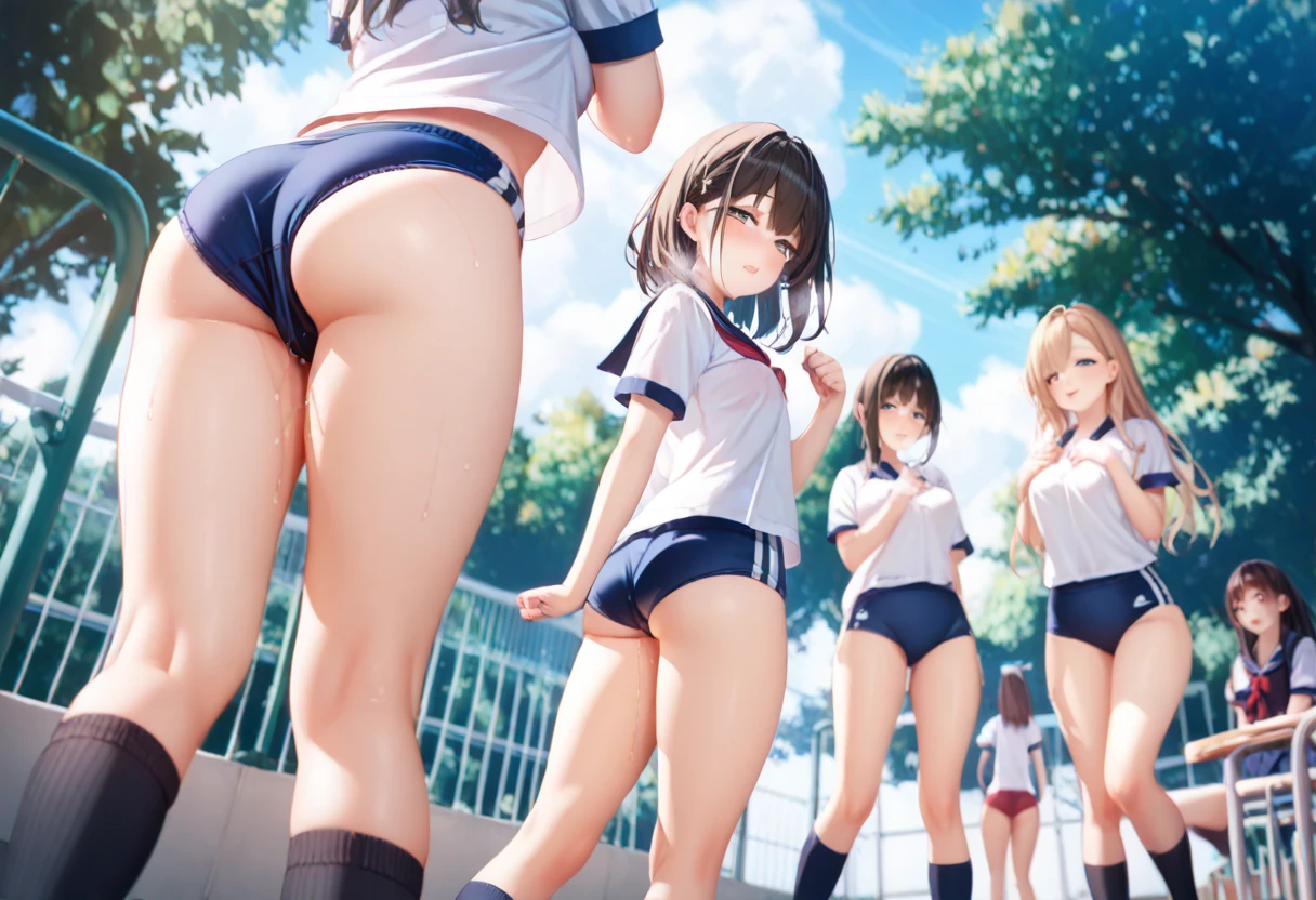 (highest quality,4K,8k,High resolution,masterpiece:1.2),Very detailed, realistic, photo-realistic, clear, professional lighting, beautiful face, best quality, ultra high res, various color, vivid color, BREAK 5 High School Girls:2.0, skirt,Plaid, Pleats, perfect female body,Big Ass, tall, various hair, loafers, From behind, one hand, Perfect Fingers:1.3, Perfect hands:1.3, Short sleeve, purple panties:1.5,See-through:1.8, Rear View, beach, day light