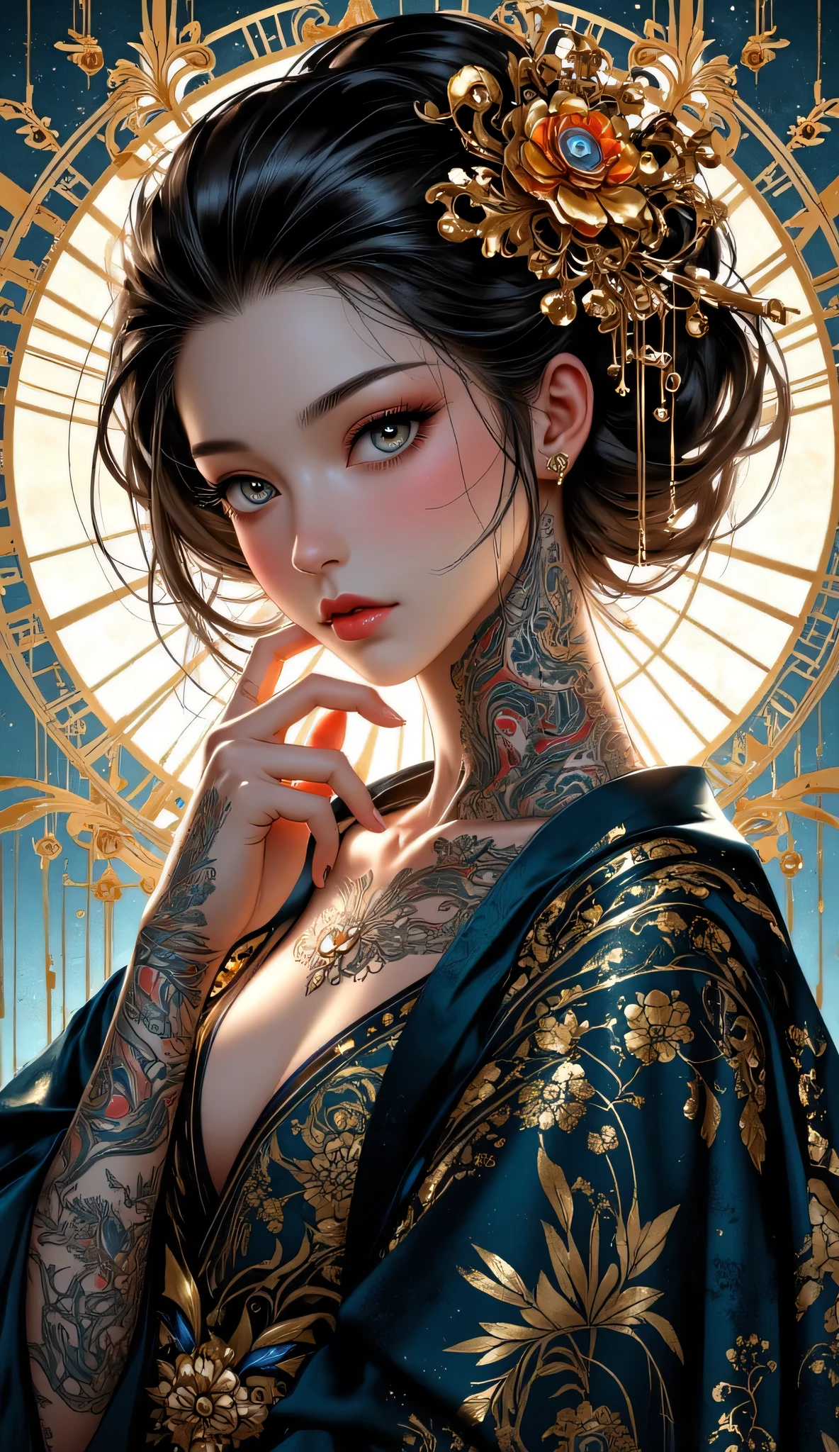 A beautifully drawn (((lady Geisha))) with intricate (((Yakuza tattos))), covering her face with a (((hand))), embodying a whimsically elegant aesthetic, poised as she gazes directly at the viewer from a ((finger gap)) where a delicate ((fantasy shawl)) cascades down her shoulders, revealing a perfectly drawn (((tattoo on her neck))), backlit by a softly ethereal light, evoking a sense of timeless elegance,(golden blue pattern:1.5),