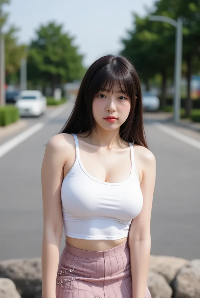 （8k、Live Action、RAW Photos、Highest quality、masterpiece：1.2),(Outdoor,Front lighting:1.2),((Perfect lighting)),(Long Bob Cut),Observe the audience,look up,Hug Pose, strong,erotic,18-year-old,student,White skin,knees,Absurd,Small face,前hairを真ん中から分けます、The forehead is visible,(Embarrassing,Squint your eyes,Glare,strong,skinny,skinny,Irritated)、masterpiece,Highest quality、Ultra-high resolution,One person, One personで,Close-up shot、cute、studentに戻る,(Sporty clothes:1.3,Team Color),high school girl,Japanese women,Are standing,（フォトGenuine：1.37）、Photon Mapping,Genuineistic、cuteSmall face,Brown eyes、prospect、Written boundary depth、Blurred Background、Genuine,(前hairが見える), hair, kneesが見える, thigh,(Nogizaka Idol), actress、Big and ample breasts、Cleavage、Super Fine、Low people々、(Skin with visible pores:1.2)、(Focus on the face)、8 heads、Natural Neck、Check and fix the skeleton