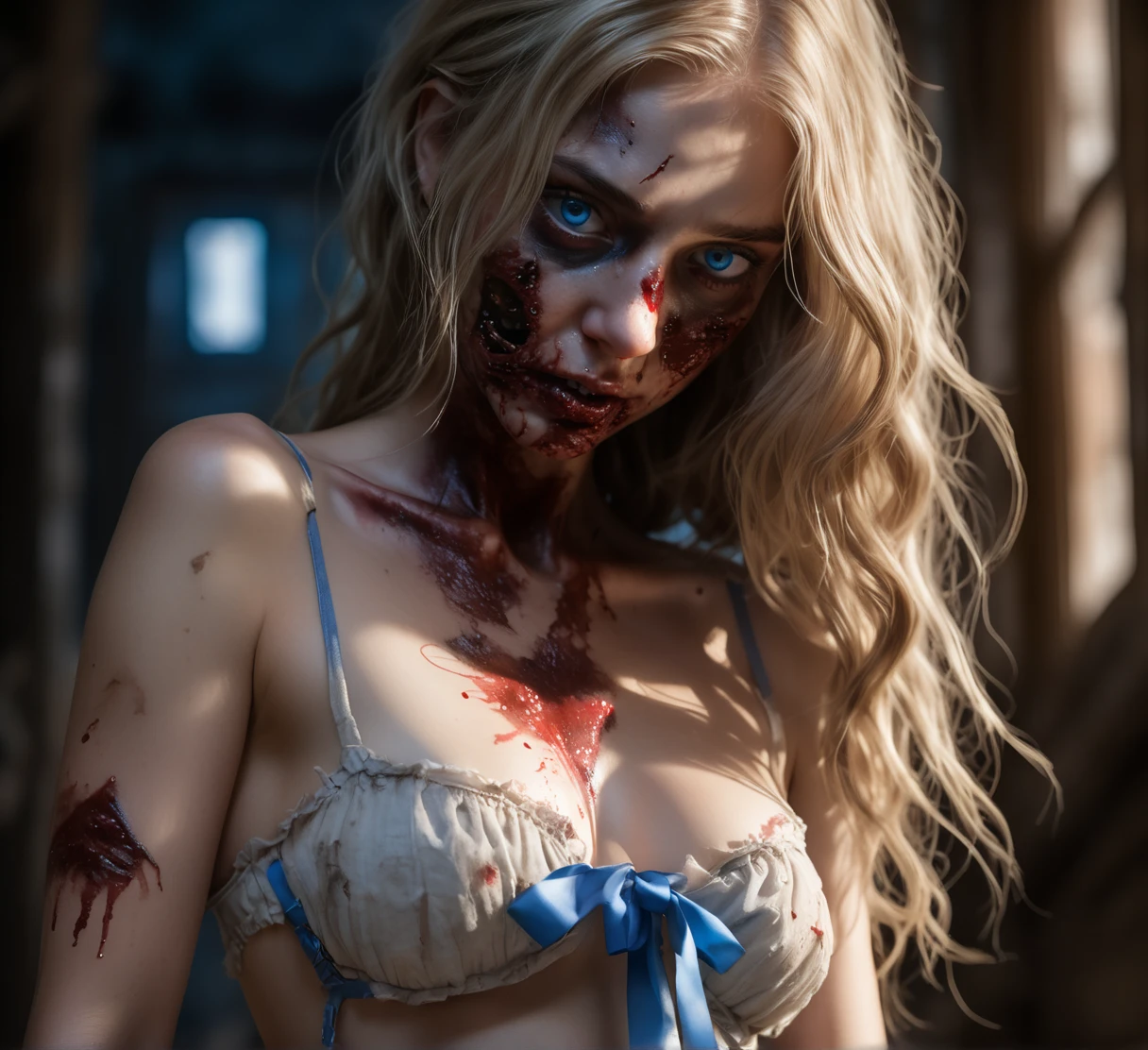 (finely detailed beautiful eyes and detailed zombie face,masterpiece sidelighting,masterpiece,best quality,detailed,high resolution illustration),, (depraved topless zombie girl,whole body,sundress,lustrous skin,looking down,looking at viewer),, (blood hair,blue eyes,ribbon, sheer clothes), (clothed_underbust:1.2),underboob