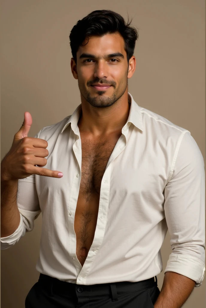 a gorgeous man around 35 years old with a very sexy look, short black hair, short beard, black hair color, wearing a white t-shirt and white pants, smiling, realistic, photorealistic, highly detailed, ultra-detailed, 8k, cinematic lighting, dramatic lighting, chiaroscuro, film grain, warm color tones, extreme high quality, seamless, sharp focus, masterpiece
