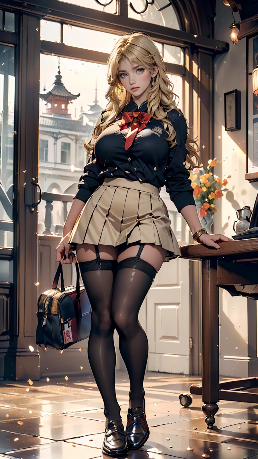 Minami Kotori, One girl, 一人in, masterpiece, One girl, highest quality, Super detailed, (Shiny), , ((bedroom)), indoor, bed, :p, blush, Ray Tracing,perfect Lighting, (Shiny skin:1.2),reflection, length_hair, Looking_in_Audience, blush, skirt, ribbon, Twin tails, yellow_eye, pantyhose, bag, black_pantyhose, low_Twin tails, Light_Brown_hair, Hello, Nipples, Browsing Caution,