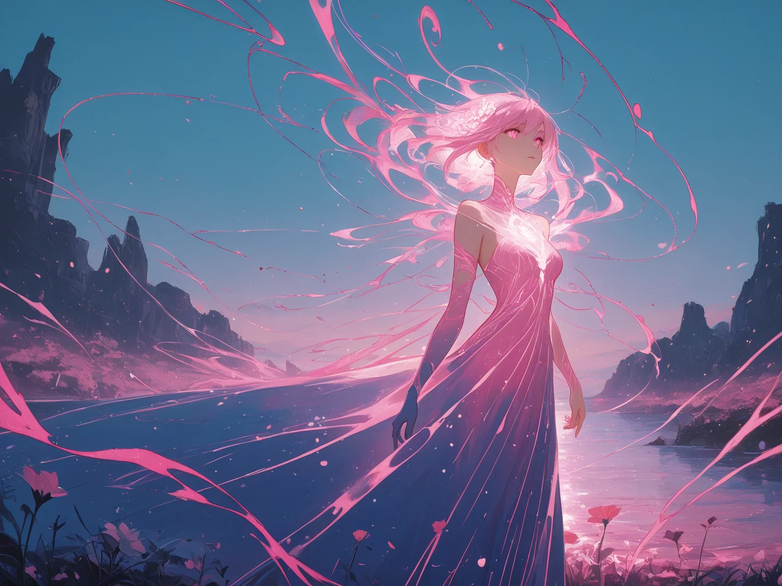 masterpiece,best quality,abstract painting,solo,a girl,a pink light shaped a flower softly glows,embodying thoughtfulness, a rich spirit,and the quiet coexistence of sensitivity and brilliance.I offer a prayer —for release, for peace,and above all, for a gentle, ordinary day.May this heartfelt prayer reach her steps,under the blue sky,may the light keep illuminating her path,spirit of the wind,dynamism,hard brushes work art-style, Intricate Artwork , detailed illustration ,Hand-drawn sketch,8k,HDR