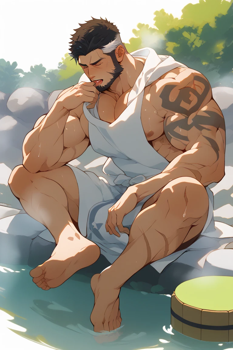 a muscular naked white haired brunette man with sweaty feet and a big penis about to cum