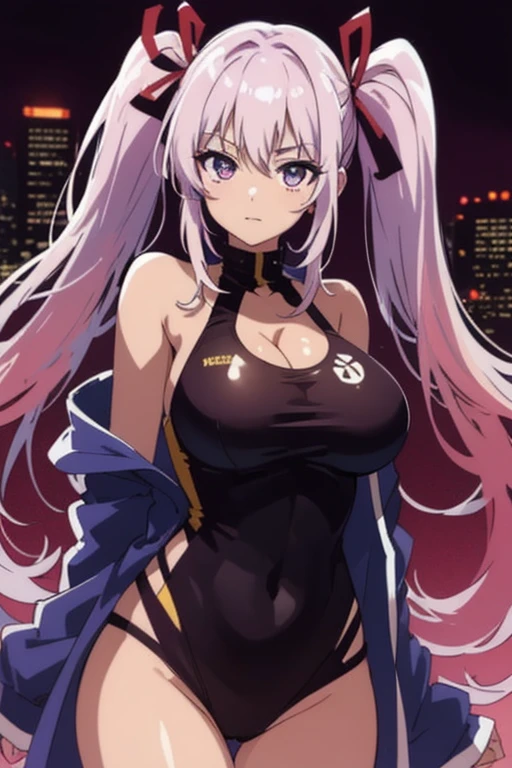 Gloria, white hair, purple eyes, demon horns,  long hair,  leaning forward,   pissed off expression,   looking at viewer, 
abs, black top,  black chaps,  tight, cleavage, star \(symbol\) on chest,  elbow gloves, turtleneck,  clothing cutout, 
standing,    upper body,  
night, city, solo, stars, 
(insanely detailed, beautiful detailed face, masterpiece, best quality), solo, 
 <lora:Gloria:0.7>