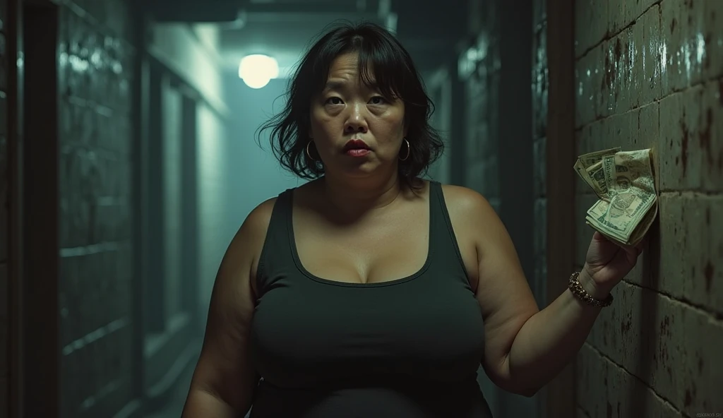 Fat woman in her 20s Japan spits out a large amount of food and internal organs from her wide open mouth with a look of distress while her face is distorted by the stench.、A hyper-realistic、Heavy downpouring rain、Woman's bedroom at night with dirty curtains closed due to large amounts of rotting internal organs, seafood, manure and vomit scattered in polluted and cloudy sewage flowing curving on the floor of the train.