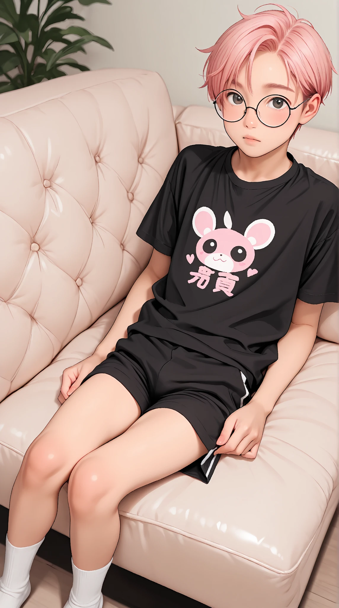 A 4 Chinese boy., en pijama ajustada,, super detallado, lindo, blanco , con gafas finas, y pelo negro, cuerpo completo, detallado, hiperrealista, cuerpo completo, dormir en la cama, piernas y brazos, estirados, top view