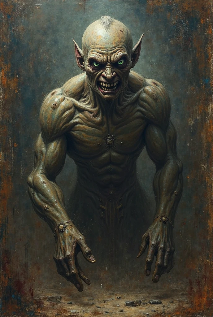 A monster without feelings being painted with a brush on a canvas on his easel, in red and black colors