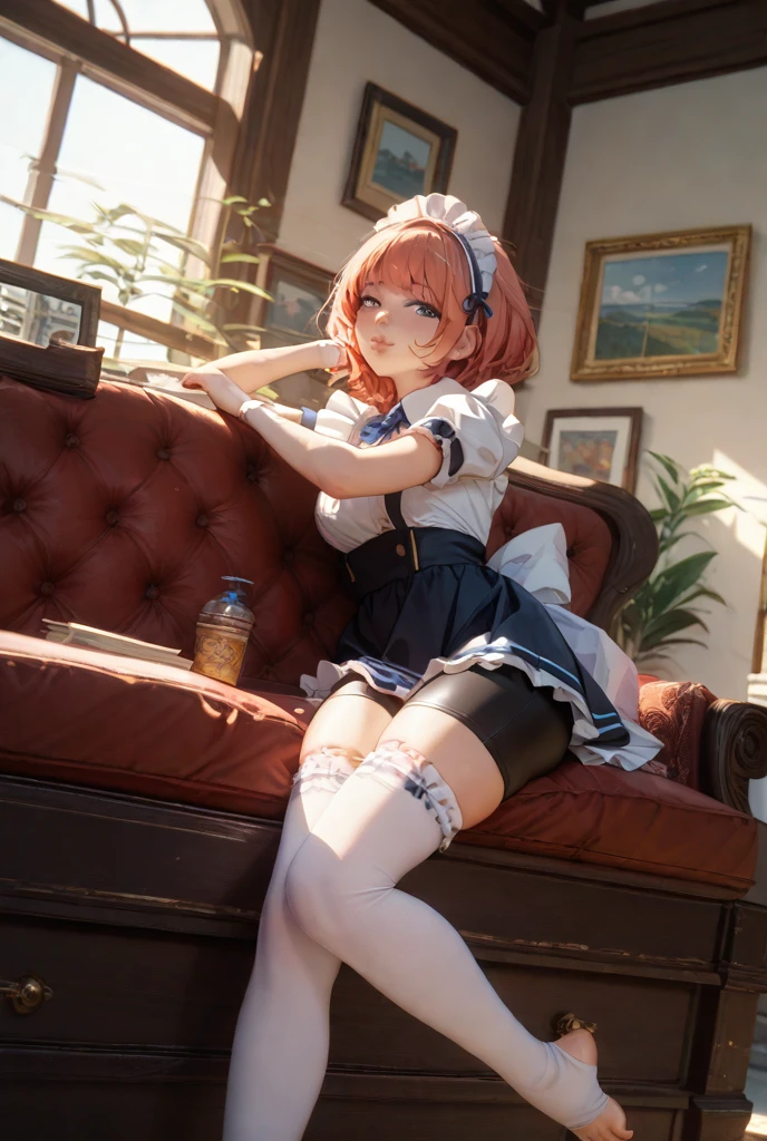 (masterpiece)(8k)(cute)(close-up) a 18-year old girl, white apron, knee high socks, sitting on chair, leg hanging over armchair, lewd, orange hair, short hair, messy hair, white bandana, lime green pupils, seductive smile, (glossy lips:1.2), (shiny skin:1.2), glossy eye-shadow, hard light, night, hotel, lobby, city, rossdraws pastel, digital wallpaper art, anime 8k style