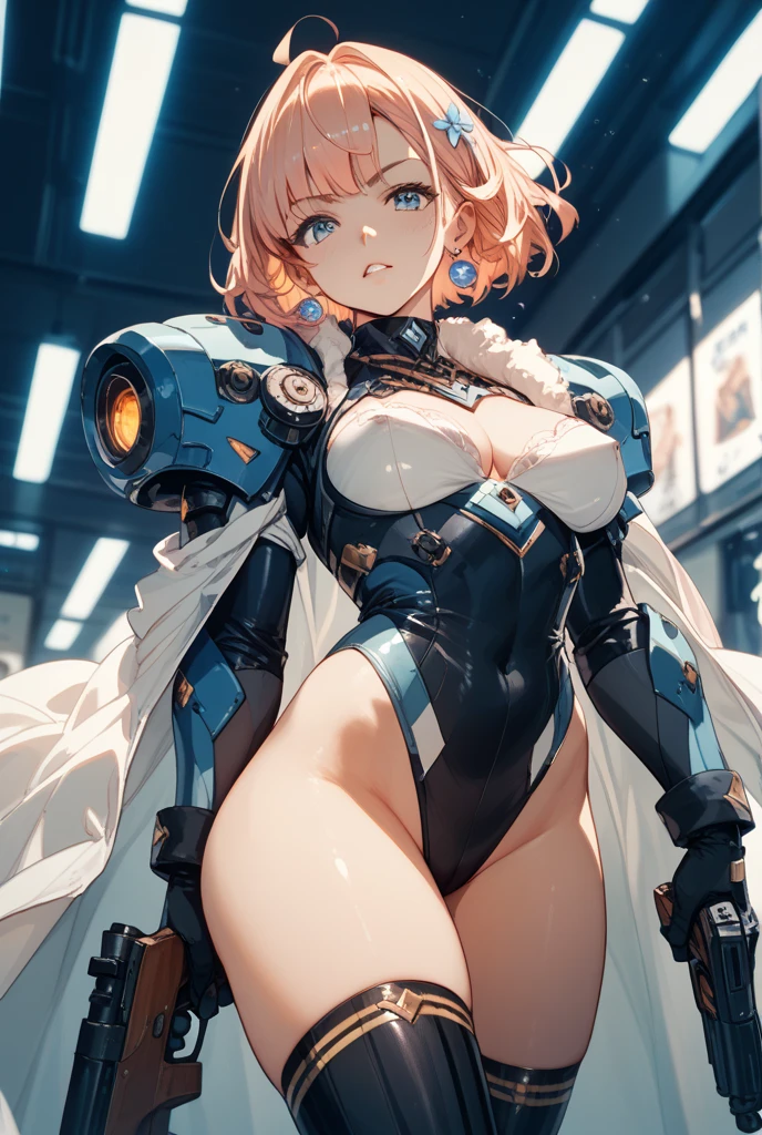 Highest quality, masterpiece, Finer details, Very delicate 8k wallpaper, (1 Beautiful Machine Woman), (Beautiful Eyes), Long eyelashes, Compensate, short hair, Pink Lips, 5 mechanical knuckles, Mechanical Hand, Mechanical legs: 1.1), colorful, (Spillover), (Exoskeleton Leotard), garter belt, (Exposed lower chest, Exposed thighs: 1.2), (Neck and shoulders connected by power supply and many colorful cables:1.5), (Mechanical Harrow), Cyberpunk City, Sitting