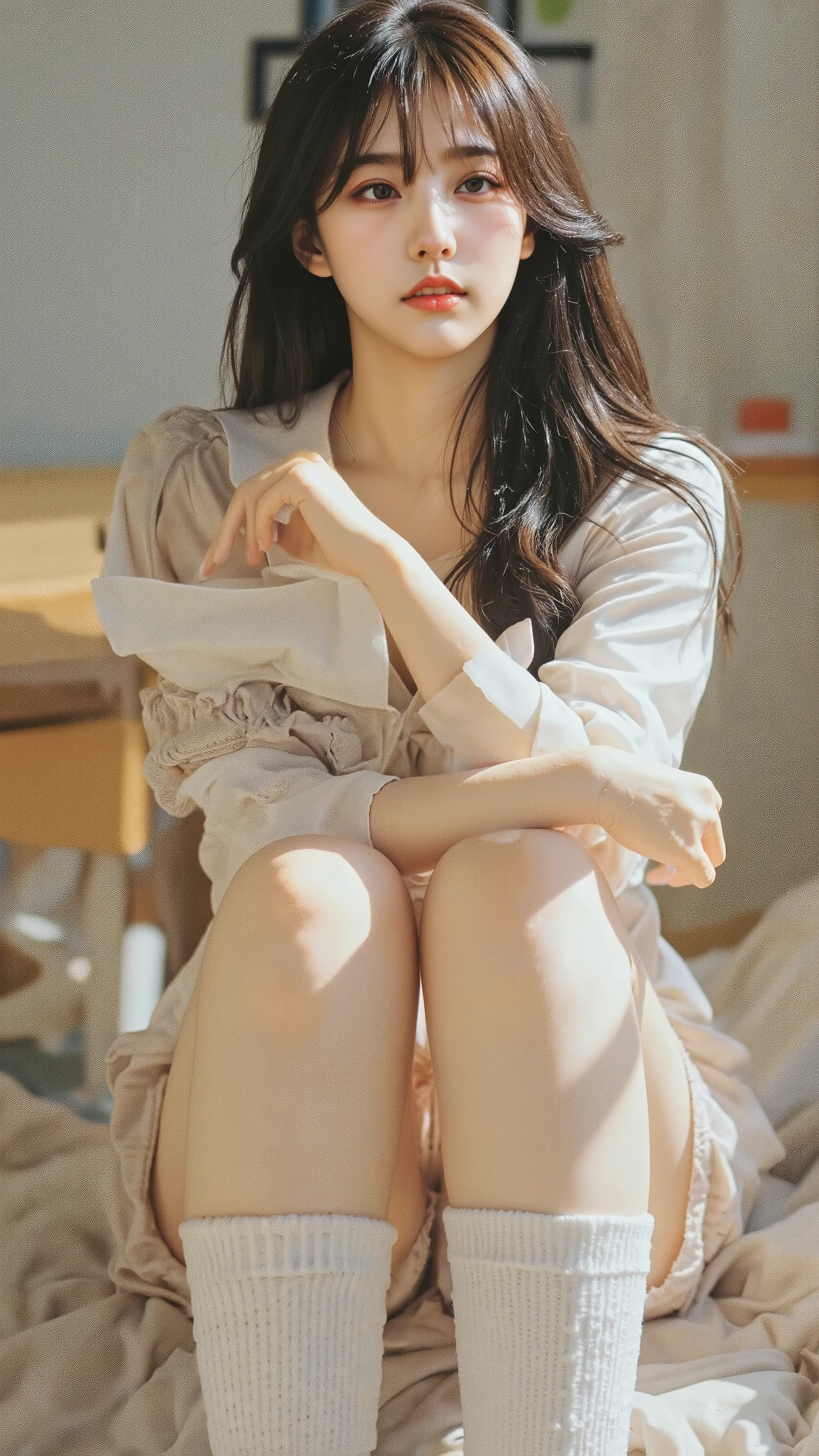 masterpiece, 해부학적으로 accurate, accurate, high detail, 16k, thighs above body, ung girl, black hair, big , 35mm, F/2.8, realism, (((pleated mini skirt (sera suit random design), Mini tie), Random Classroom Background, random poses, random hairstyle, dynamic pose)), smile