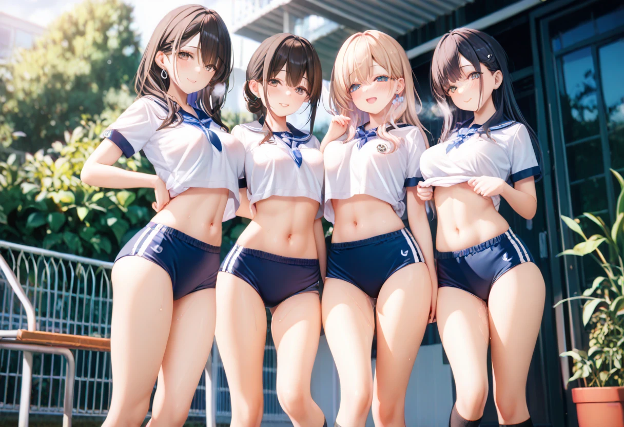 (((masterpiece, highest quality, High resolution, 超High resolution, Perfect Pixel, Depth of written boundary, 4K, RTTX 10.0))), Beautiful Anime Woman, Beautiful art style, Anime characters, ((Smooth texture, Realistic texture, Anime CG Style)), Exact finger count、Exact number of legs、(Exact number of arms:1.0, Exact number of hands:1.0), (Perfect hands, Perfect Anatomy), Cinematic, Realistic, Extremely detailed CG, Daytime lighting, Perfect lighting, Best Shadow, The best natural light, whole body, Perfect body, (Slender body:1.2), whole body, ((Long Hair, bangs, Dark brown hair, fashionable and cute hairstyle)), ((Four pretty women stand side by side, lifting their skirts:1.3)), (Fashionable white shirt, Sailor collar, Knee-high socks, loafers, Pleated mini skirt:1.3), ((Sexy and cute panties, Stylish shiny satin panties, Side-tie panties, Small lace panties:1), White panties, Dark pink panties, Light blue panties, Blue panties:1.3), (Beautiful and big breasts:1.2), (Beautiful and thin thighs:1.3), Short torso, Feeling embarrassed, (blush:1.2), (Very embarrassed look:1.2), (At the amusement park, In the background is an amusement park castle, Lots of happy people in the background々, Fireworks in the sky:1.3), Angle from the front, All about the same height