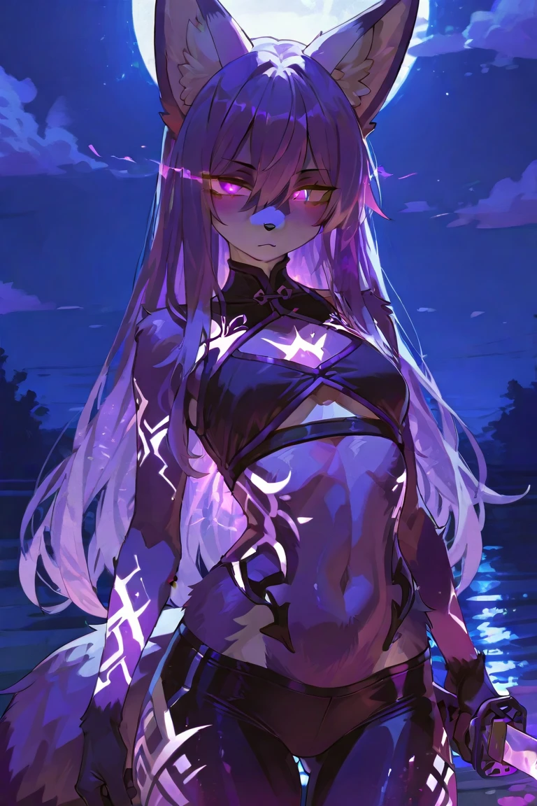 Horror Art, (Dark Anime Alien Girl), (((((blue skin))))), (((((Purple Hair))))), bright, Black cloth, sharp short clothes, Dark fantasy setting, Dark Cave,Ray Tracing, masterpiece, Highest quality, super high quality, Absurd detailed, best Light, Best Shadow, sharp, sharp image, detailed, extremely detailed, Incredible resolution, 8k, 4K, Ultra-high resolution, Particle Effects, Beautiful Effects, Vibrant colors, neon Light, neon, Light,(corruption:1.2),(Hollow Eyes:1.2),(Groin tattoo:1.3),(Lower abdomen tattoo:1.3),(masterpiece),(Wicked Smile:1.3), (Highest quality), (Super detailed), One girl, Red eyes