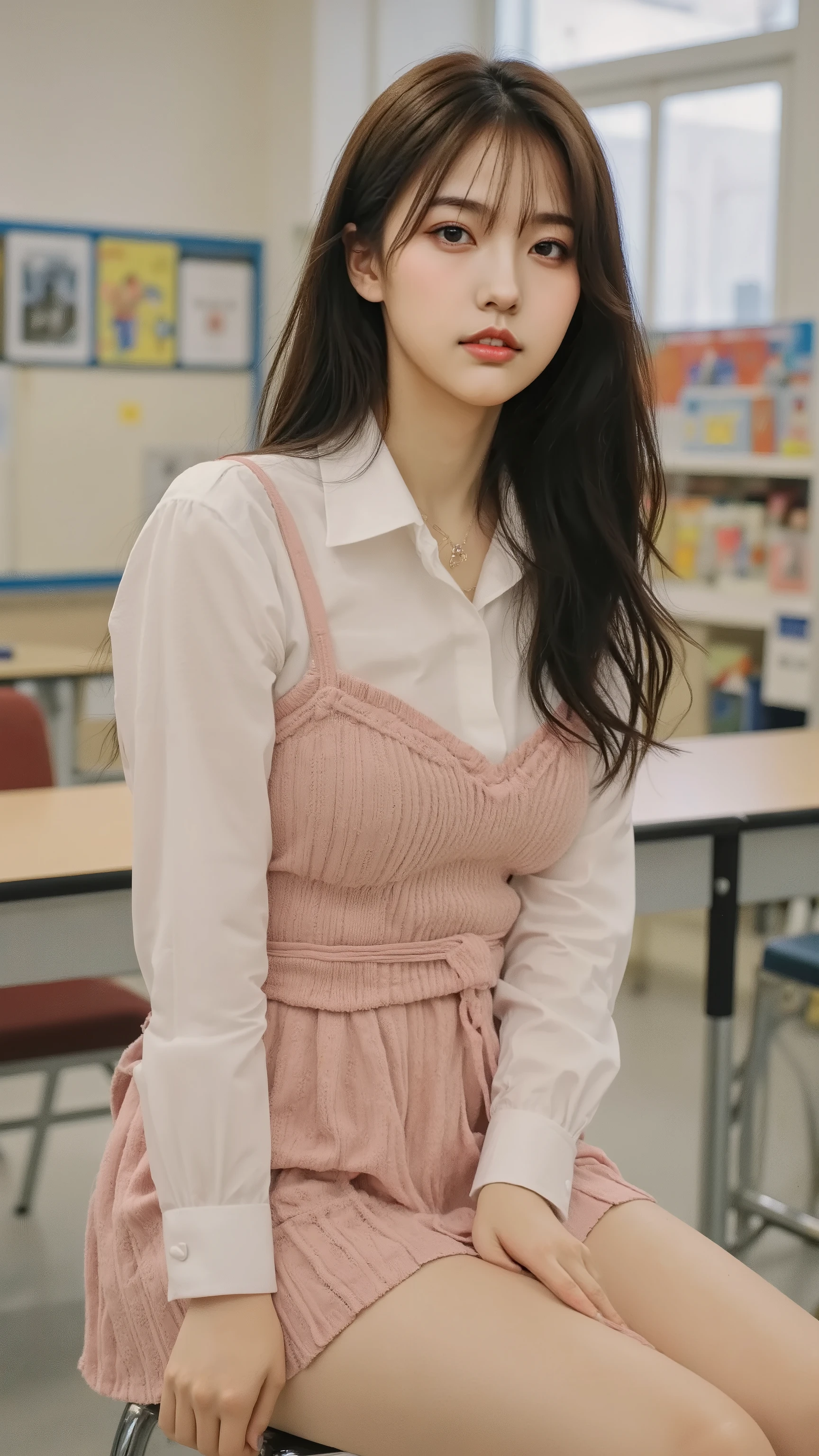 masterpiece, 해부학적으로 accurate, accurate, high detail, 16k, thighs above body, ung girl, black hair, big , 35mm, F/2.8, realism, (((pleated mini skirt (sera suit random design), Mini tie), Random Classroom Background, random poses, random hairstyle, dynamic pose)), smile