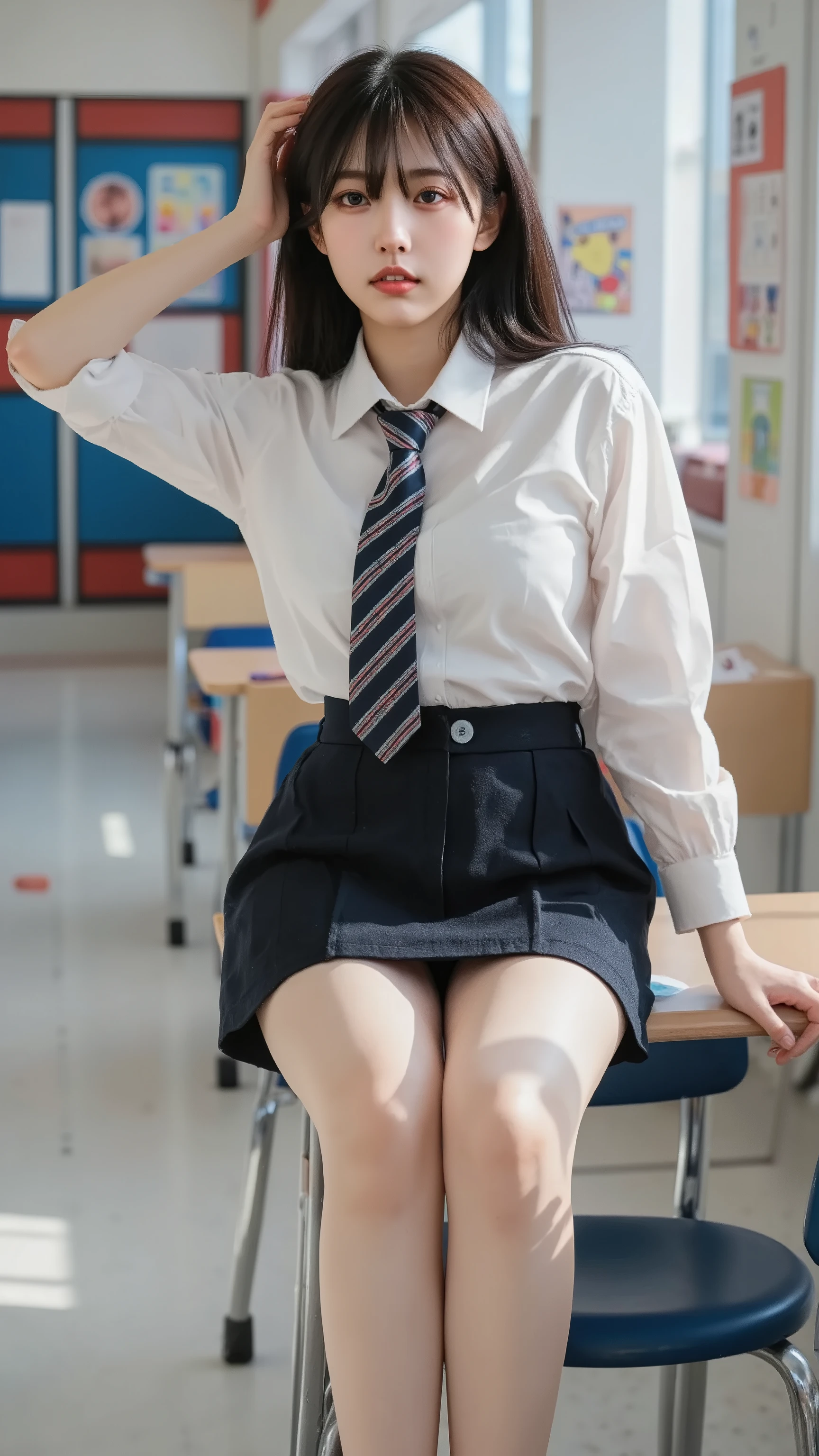 masterpiece, 해부학적으로 accurate, accurate, high detail, 16k, thighs above body, ung girl, black hair, big , 35mm, F/2.8, realism, (((pleated mini skirt (sera suit random design), Mini tie), Random Classroom Background, random poses, random hairstyle, dynamic pose)), smile