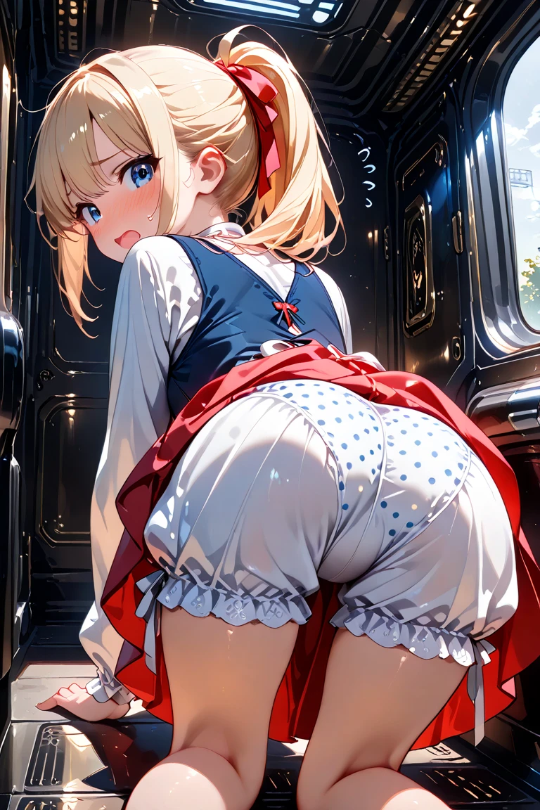 anime styled。illustratio。NSFW。Fantasia。in isekai。girl with。Blue eyes。is in estrus。a blond。blondehair。White underwear。Thin panties with a small cloth area。Autumn foliage。side poneyTail。flank。teats。a miniskirt。Shy。is crying。on all fours。Show me your anus 。Spread your legs wide。Show your buttocks while turning around。Looking at the camera。 skirt rift。Show off your panties。Shooting from behind:1.5。Close-up in panties。Wet panties。