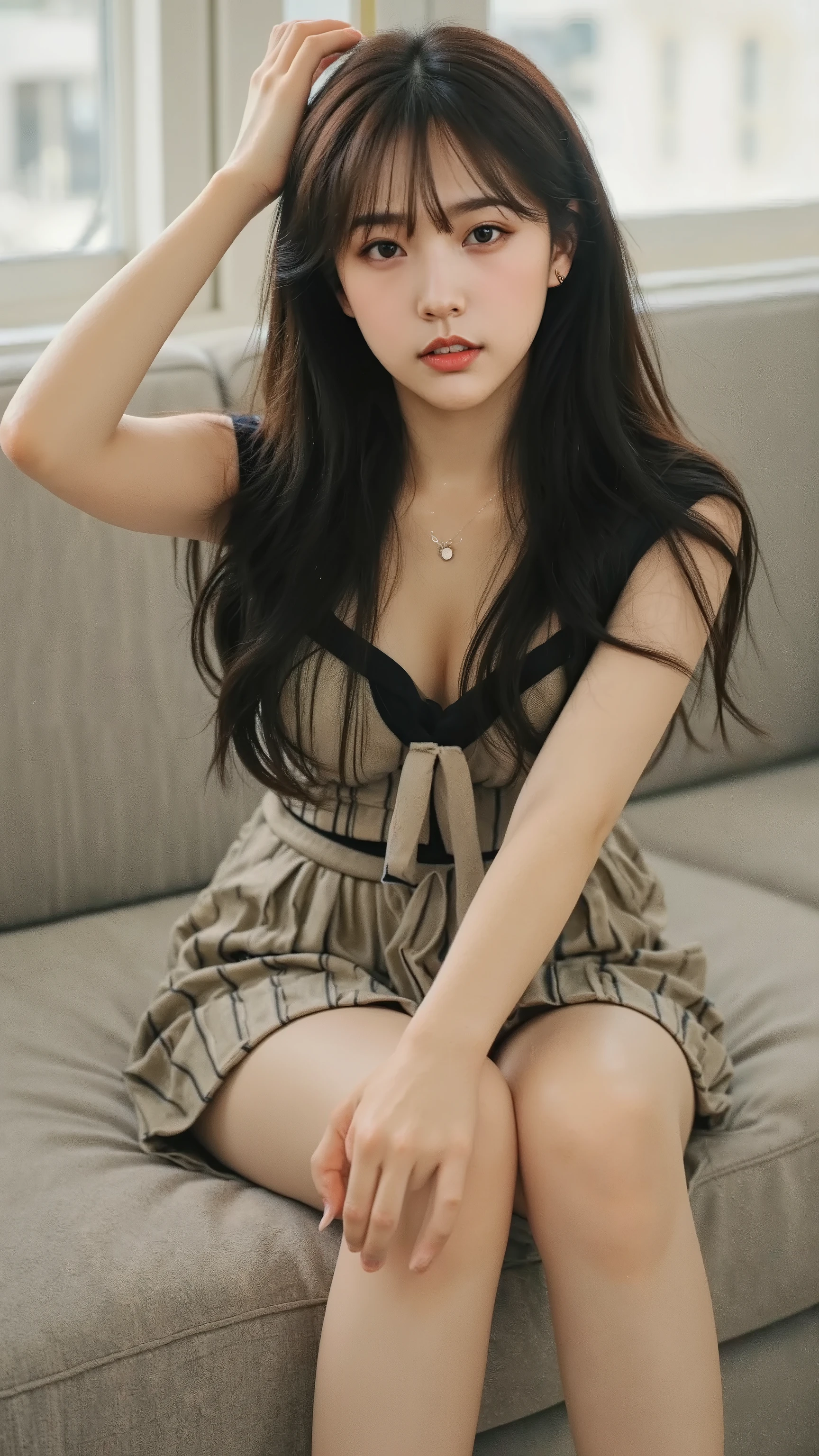masterpiece, 해부학적으로 accurate, accurate, high detail, 16k, thighs above body, oung girl, black hair, big , 35mm, F/2.8, realism, (((pleated mini skirt (sera suit random design), Mini tie), Random Classroom Background, random poses, random hairstyle, dynamic pose)), smile