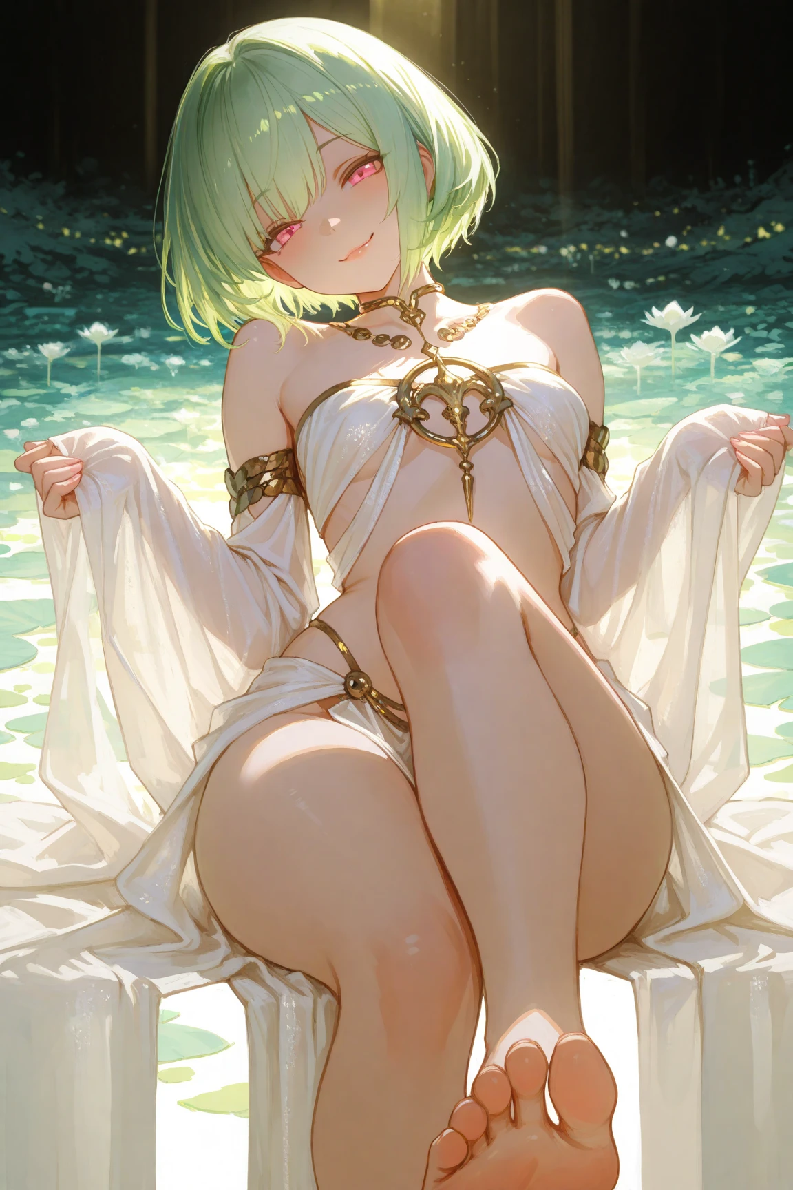 (Highest quality:1.3),(masterpiece:1.3),(figure:1.3),(Very detailed:1.3),(Imide Shot:0.9), One girl,alone,Very young,Upper Body,Short neck,Small breasts, Kneel, (Soak in the creek:1.2), Soaked white dress,(See-through dress:1.2),Very good, From below,close, Purple eyes,Jewel-like eyes,Very fine grain,Very detailed顔,(Captivating smile:0.8),(Open your mouth:0.3), Twin tails, Maid,Green Hair,