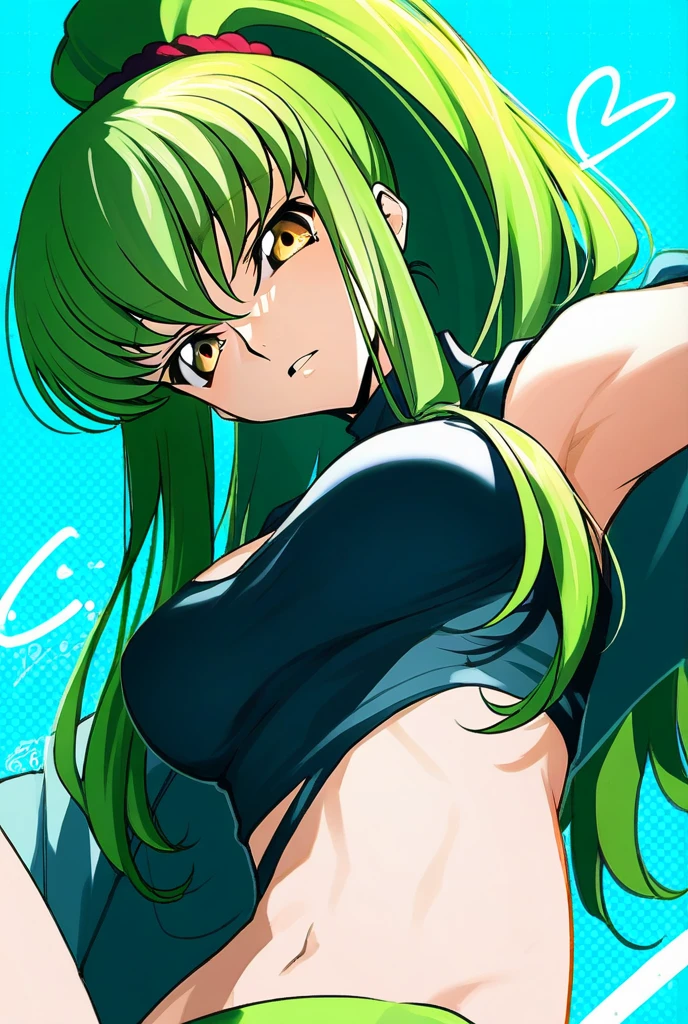 ,masterpiece, best quality, photorealistic, yujiasuit, yoga sports bra, yoga pants, 1girl, solo, , yoga ball, pants, looking at viewer, smile, green sports bra, simple background, , midriff, long hair, breasts, green pants, sportswear, tank top, upper body,gren hair,green eyes