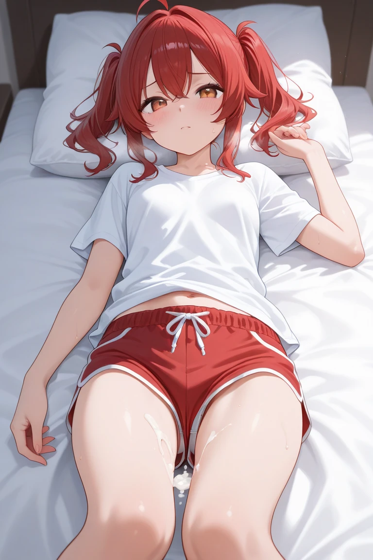room, 1 Girl, Highest quality, Ultra-high resolution, Long Hair, Redhead, Green Eyes,Looking at the audience, Small breasts , smile, Open your mouth、Cowboy Shot、(Navy blue cuffs and white short-sleeved gym uniform)、(Navy Blue Bloomers)、(
barefoot)、Navy blue socks、(((Sleeping in bed)))