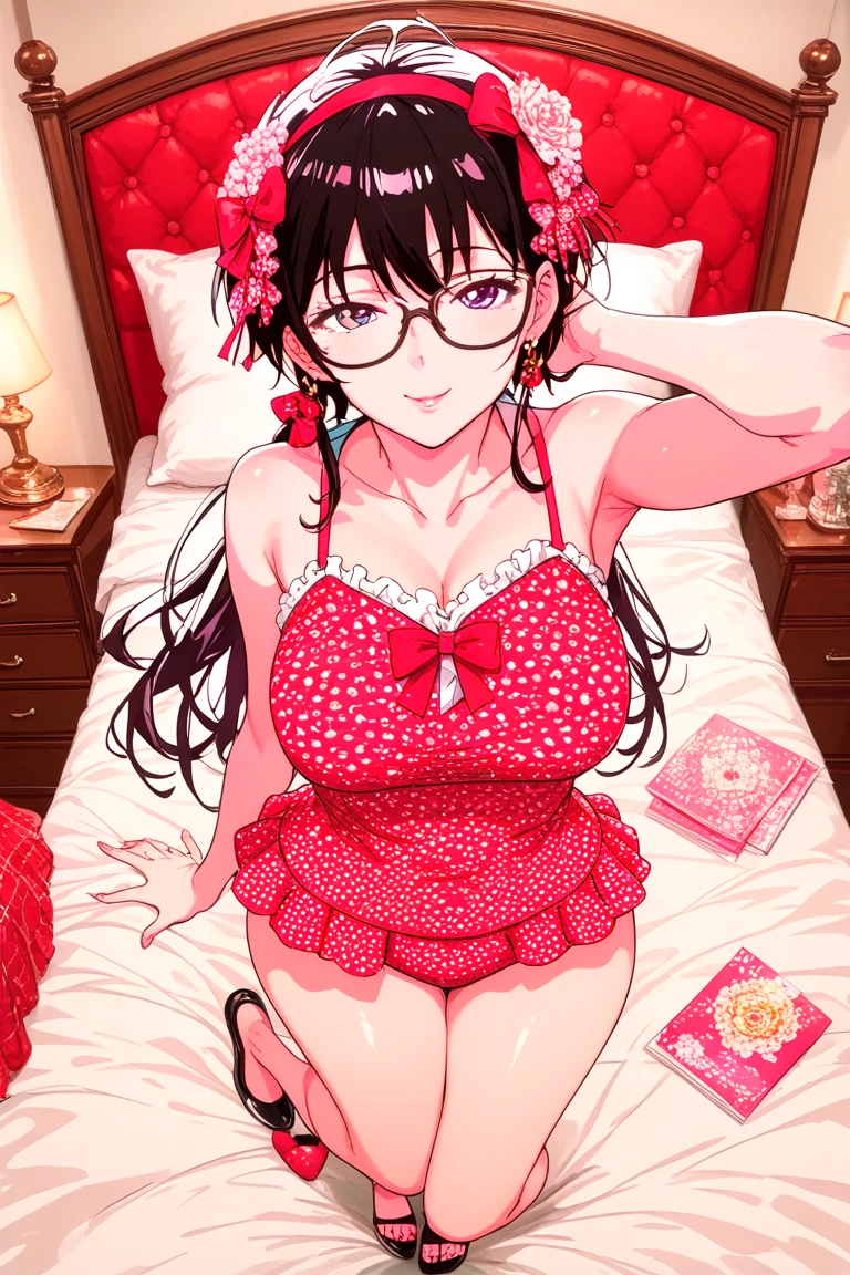 (Magazine cover),wavy hair,Japanese mature woman, Bright big eyes(Wearing a red fishnet swimsuit),(Tanned skin),Blushing,Sweat all over the body,Perfect breasts,Perfect body,Lying in bed,Lying in bed,uhd, masterpiece, high details, high quality, best quality, highres