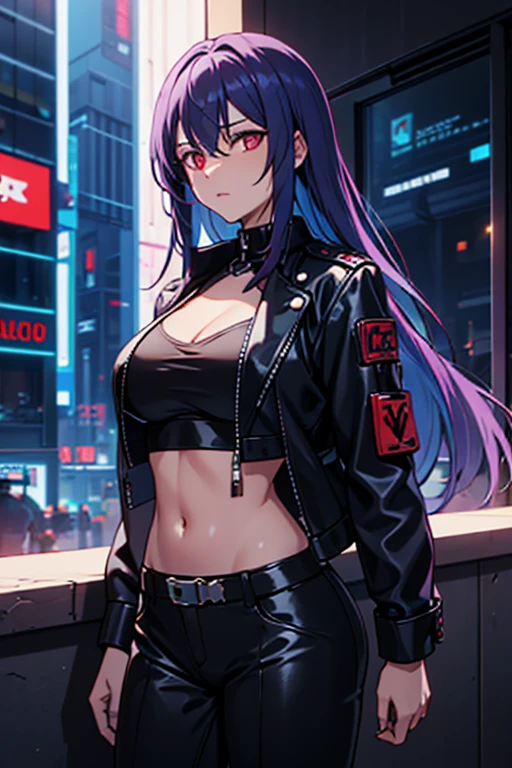 cyberpunk, night, european city, Rainy, neon, slender, boy, hacker, blue long hair, crop top, masterpiece, very beautiful