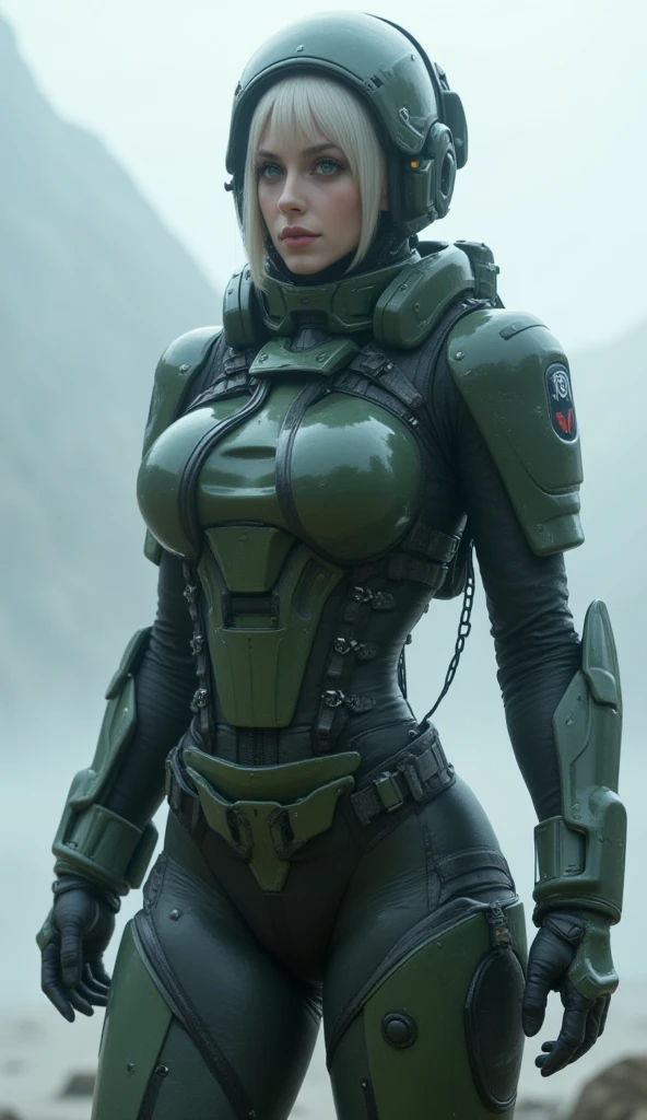 (extremely detailed photo 8k), full body shot photo of the most beautiful artwork, beautiful woman soldier, green hair, cleavage, wearing intricate advanced futuristic blue power armor, propped up on one elbow, cinematic lighting, very detailed face and eyes, park in background, high quality photo