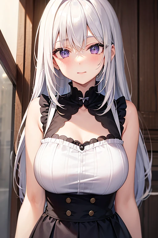 (best quality, masterpiece),Sexy, 18 years old, despise, pride, Long silver hair,Bright Eyes, ((Permanently installed)), ((green eyes)), ((two ponytails)), White long skirt,(((whole body))),Perfect body slim curves