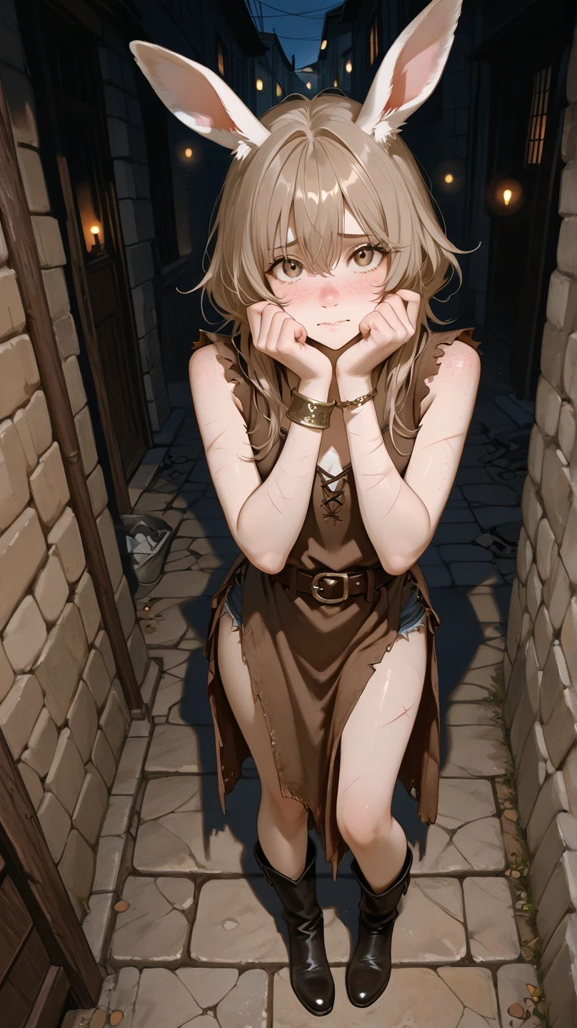 (((depict pretty young girl surrounded by ropes))), long brown hair, straight hair, blue eyes, ((small breasts)), (dirty), topless, (((bondage))), (((gag))), (bound with ropes), (arms behind back), really nice hips, (Masterpiece, Excellent, complex details), delicate girl, delicate face. she fall in a corner of a cobblestone alley of an old, forgotten city, where wrought-iron street lamps cast a dim light. The stone buildings, covered in ivy, show signs of decay, and their wrought-iron balconies are overgrown with vegetation. Night time, full moon.