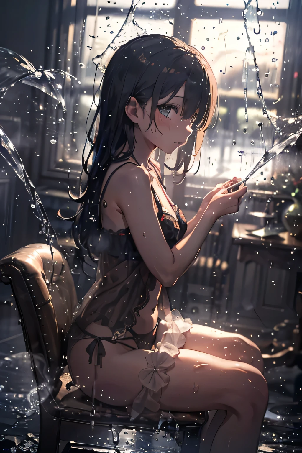 (rain),splashing, drop shadow, apartment bed room, beautiful scenery,ガラス越し, Against glass, (window fog:1.2),(water drop),
((最高品質)), ((傑作)), ( 詳細), photo quality, masterpiece, best quality, In 8K, high resolution, Ultra detailed, cel anime, beautiful,
1woman, betterhand, long hair, blue eyes, 金髪, blush,
(sitting in a chair),(from side:1.2), (cowboy shot),embarrassed, blush, drunken eyes,
wdrop, water drop, babydoll, black negligee, black panties, thong, navel,
(Looking inside through a window from outside:1.2),
(scene set in a darkened Indoor:1.2) , (dark, rich background with subtle textures:1.2),(dramatic contemporary lighting, chiaroscuro style:1.3),
(strong contrast of light and shadow highlighting :1.3), (lens for soft bokeh:1.3), (shallow depth of field focused on the :1.3),(high resolution for fine detail:1.3),
