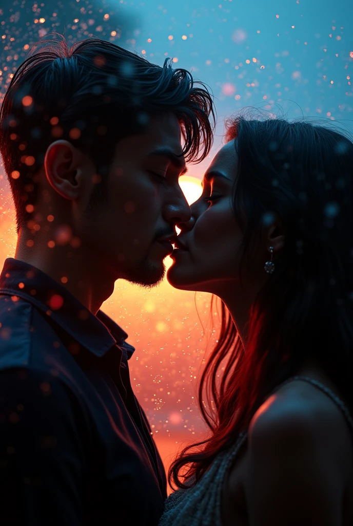 A young couple, both 19 years old, are sharing a kiss under a night sky. The scene is illuminated with warm, glowing lights, creating a soft and romantic atmosphere. The background might include twinkling stars or city lights, and the couple appears close and affectionate and the both couple not wearing on upper body part and both are naked