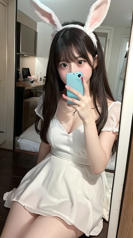 There is a woman taking a selfie in the castle mirror, Beautiful Hinata, 2263539546], ulzzangs, The princess wears underwear, Anime girl in real life, 8K, the number, Selfie Photos, sakimichan, Red long-haired，Thick bangs, Anime girl cosplay, Middle Metaverse, 8K))Slim，Bigchest，Lori huge breasts cleavage，A princess，The background is in the castle，underdressing，Anime face