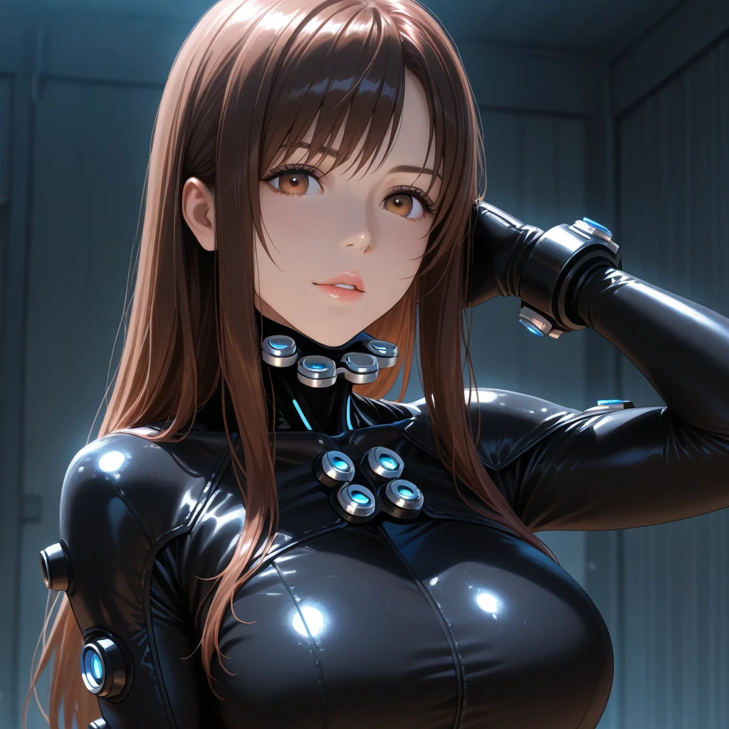 (highest quality:1.4, Add intense highlights to your eyes:1.4, Shiny brown hair up:1.4 ), 1 girl, light brown eyes, droopy eyes, eyelash, droopy eyes:1.5, small eyes, lip gloss:1.4, (droopy eyes, look away), angle from below, (thin waist, toned stomach, thin thighs, realistic size of eyes, unbuttoned shirt, tits, nipple,) (cyber bar: Inside a dimly lit bar、The girl is wearing futuristic clothes、Relax in a space decorated with complex light arrangements and digital art.。)
