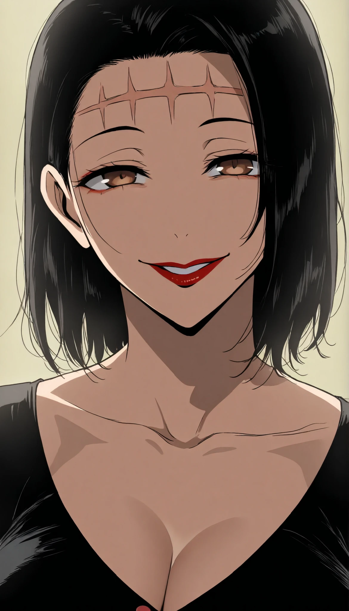 masterpiece, best quality, 1woman, solo, medium hair, black hair, brown eyes, lifeless eyes, forehead stitches, red lipstick, black shirt, cleavage, huge breasts, Anime Coloring, wide smile, looking at viewer, close up, face focus, detailed face, detailed hair