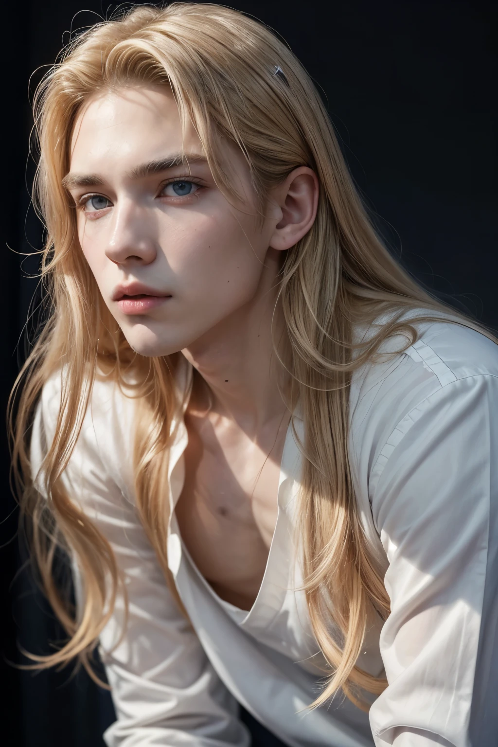a face of a white young boy man ( 13 years ) with truly white long slim curvy hair and red eyes