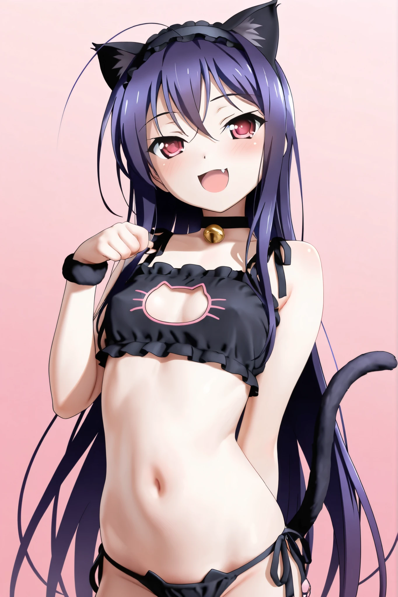 1girl, ((absurdly long hair)), straight long hair, extremely long hair, feet long hair, best quality, (full body: 1), solo, cat ears, (loli: 1.0), (little girl: 1.0), no background, white background, standing, black bikini, detailed face, realistic hands, hair touching ground, black hair, barefoot, blue eyes