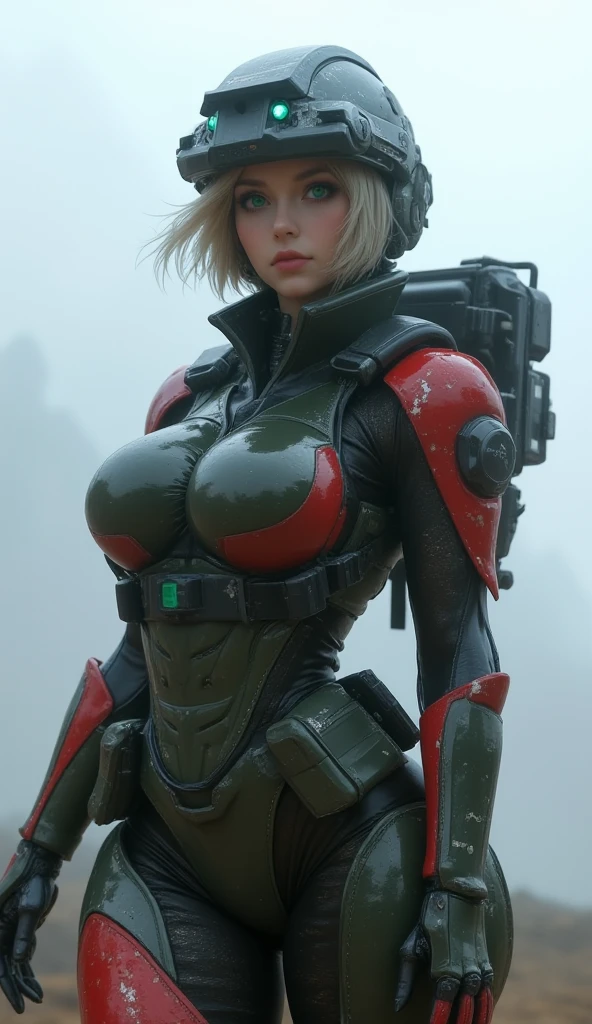 1 mature female, Body, Cyberpunk, Green and black mech armor, Mechanical, (masutepiece: 1.4), (8K, Realistic, Raw photo, Best Quality: 1.4), nipple areola shape clear, Japan mature woman, large full breasts, Beautiful beautiful face, (Real Face: 1.4), Perfect , Beautiful hairstyle, Realistic blue eyes, Beautiful detail eyes, (Real Skin: 1.3), Beautiful skin, Attractive, Ultra High Resolution, A hyper-realistic, city ruins, Post-apocalyptic world, Cinematic lighting, a blond, Short Bob, blue ribbons,a smile, Weapons in hand, futuristic fantasy, View, Battle Pose