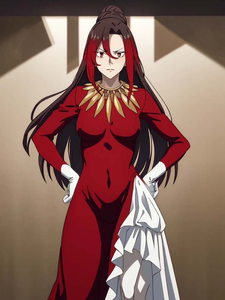 masterpiece, best quality, 1girl, sylvia, multicolored hair, long hair, black hair, read hair, purple eyes, dark skin, necklace, large breasts, red dress, white elbow gloves, black pantyhose, smile, red high heels, contrapposto, standing, simple background <lora:Sylvia:1>