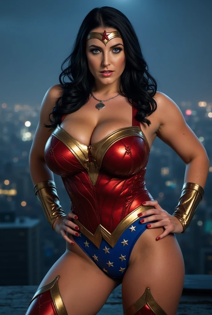 Wonder Woman with light on around him, in the style of action-packed scenes, hyper-realistic representation, superheroes, city portraits, high definition, magnificent breasts