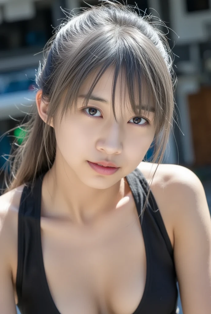 (masterpiece,highest quality:1.4),(8K,RAW photo,realistic:1.2),(shiny skin),fine skin,detailed face,fine eyes,1 girl,Upper body,japanese idol,very beautiful face,Girl Running,Wearing sportswear ,outdoor
