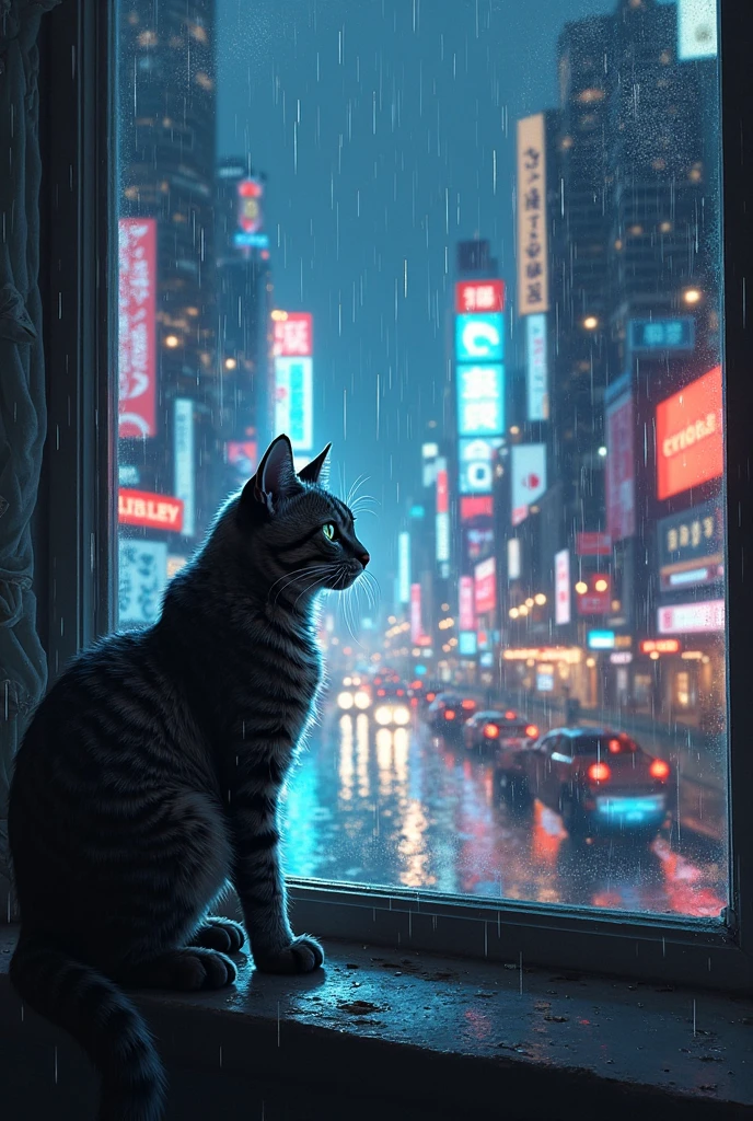 ((最高品質)), ((傑作)), ( 詳細), The sky after the rain, the neon lights of the city outside, the cat in the room looking out the rain-soaked window.