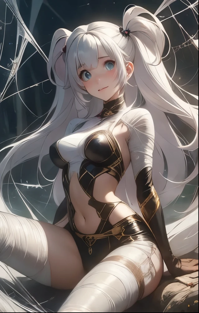 (((SFW、Highest quality、 first class masterpiece 、 Normal Body 、32k、 detailed face 、super precise、 normal hand、5refer to、Highest)))、Miles、mile、Adele von Ascham、Beautiful Girl、 Silver Hair、twin tail、Glowing Hair、beautiful breasts、slender、 slim、Petite、 can be used、Ripped and tattered navel high leg costume、large amount of thick thread、Get caught in a spider web、Swallow、spread your hands spider web bondage、spread both legs and spider-string bondage、Frightened、fear、blushing and watery eyes、Puzzled、Giant creeping spider