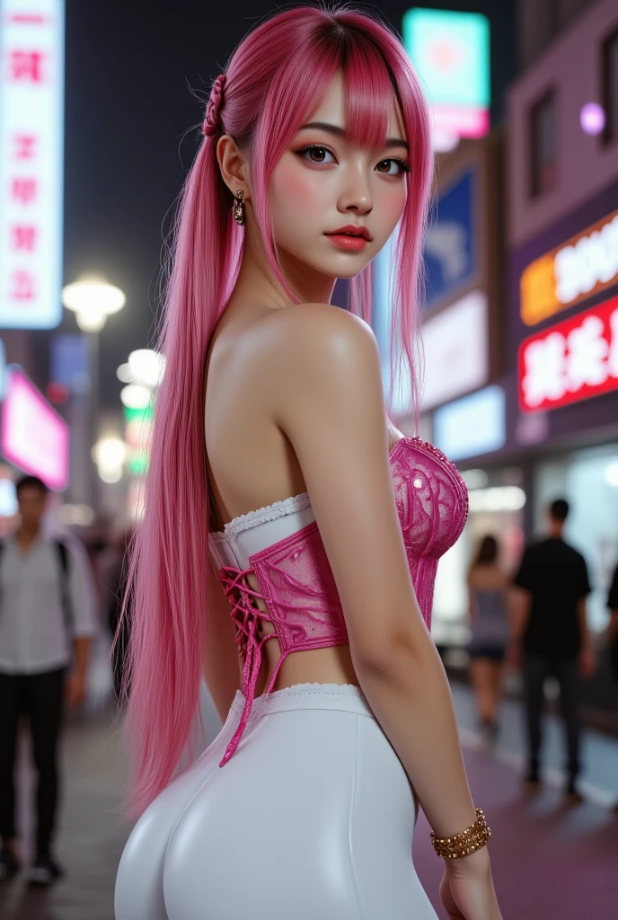 Masterpiece of the best quality,Very detailed details,Detailed eyes,artstration,cover,idol,erogenous,Lifelike,An 18-year-old Asian girl,Long pink hair,Delicate fair face,Eyes with rich expressions,White slip dress,Temperamental girl,On the street,A visual spectacle --auto