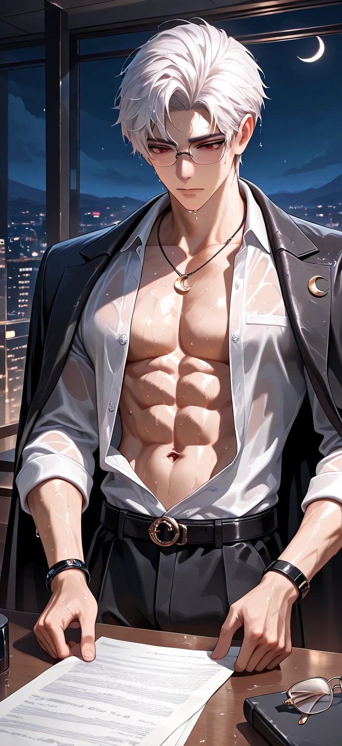 (absurderes, A high resolution, Ultra detailed, hdr), Masterpiece, Best quality, Portrait of a boy, Handsome boy with red eyes, Detailed face, Professional photo, The Alafed man is shirtless, Leaning comfortably，legs are open, (puffynipple(From below:1.1)), Focus on your audience,18 year old boy, Handsome boy, [ Firmly defined body ]，Burgundy shirt open，Abs，chest muscle，short white pants，large bulge，white shoe，On the street，