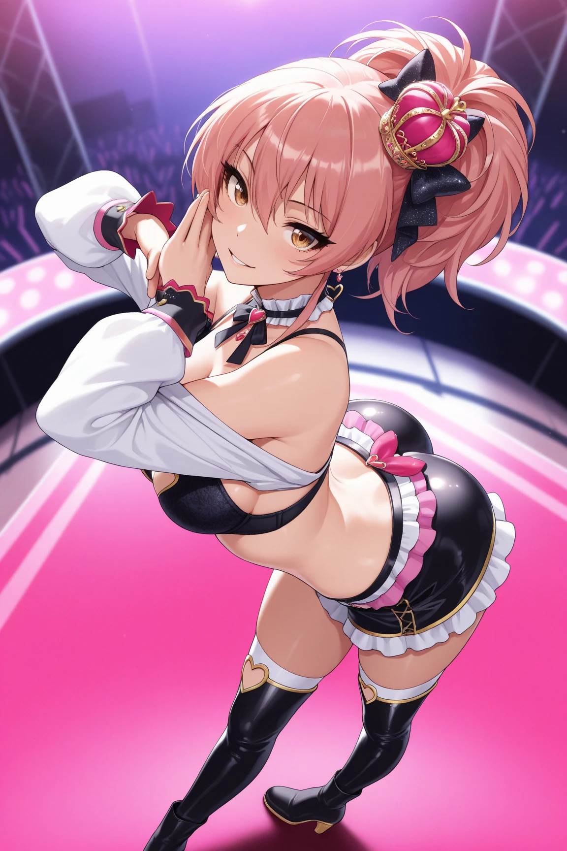 (Perfect body),Best Quality,16 K,(Lori)、((blush)),(Short hair), (((Orange Eyes))),thick thight,((((Pink hair)))),Standing,Sweat,flabbergasted,(((small tits))),Big ass,cowboys_shots,((((Wavy Hair)))),Ahoge,hair clips,(((Yellow sleeveless_frilld_jaket))),(((Pink ruffled mini skirt))),(((Light blue striped panties))),(white knee-socks),(whitegloves),(((((Panchira))))),Big ass,flat chest、(thick thighs)、blush、is standing,((( short in stature))),((Smile)),((((headset on head))),((Nekomimi))、(((Left arm up))),((Singing)),((((Dynamic Pose)))),(((((Idol))))),(((((1girl in))))),(((pink bowtie)))、((Armpit))、((Jumping)),From below,Spread legs,