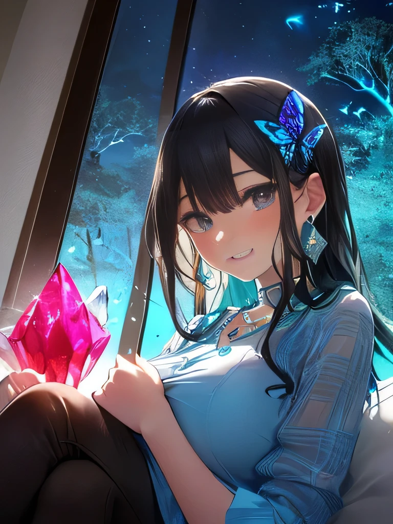 ((( It features an origami sculpture of an intricately folded butterfly , fireflies, 、A flower that emits graceful light . This scene、It captures a dreamy atmosphere where the boundary between the fairy world human creations is blurred, The surreal fusion of vibrant nature technology、makes viewers think about the harmony between organic beauty man-made objects )))、(((blue white abstract background with lots of diamonds, Crystallization化した, Crystallization skin, Rom Posing Shot, Sparkling Crystals , シロナガスクジラのCrystallizationテクスチャー, Crystal Cubism, 青いCrystallization, Crystallization粒子, Facet, Crystallization, Diamond Texture , Fractal Details Diamond Skin, glowing ice , Facet, Crystal Fragment , Crystallization edges)))、(((lesbian couple shot 3.0)))、(((best quality、highest resolution、masterpiece、8k)))、(((detailed face)))(((cute face)))(((babyface)))(((Young contour)))(((Lovely Eyes Nose)))、((( Blizzard 10 )))((( model body type )))(((Perfect Podiline)))、(((big breasts 1.0)))、(((long straight hair)))、 ((( Flannel Shirt ,tunic)))((( ruby necklace and wing earrings))). (((smile)))、((( dynamic pose 2.0)))((How lesbian couples sit classy))(((artistic elemental art 2.0)))(((two girls hugging skin 2.0)))