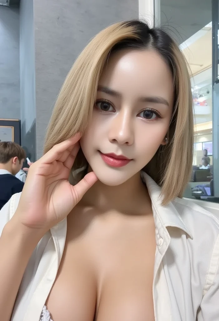 highest quality、masterpiece、27-year-old female、Japanese、Blonde、Red lipstick、smile、Black tank top、Low angle shot、Looking down、toilet