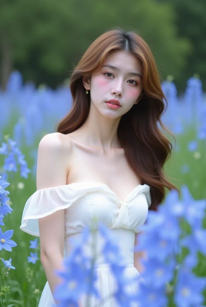 there is a woman with a flower crown on her head, Kim Do-young, Shin Jinying, jaeyeon nam, jinyoung shin art, taejune kim, inspirado por Kim Jeong-hui, inspired by Sim Sa-jeong, sun yunjoo, She is surrounded by light blue flowers, her face looks like an orchid, inspired by Yanjun Cheng, heonhwa choe