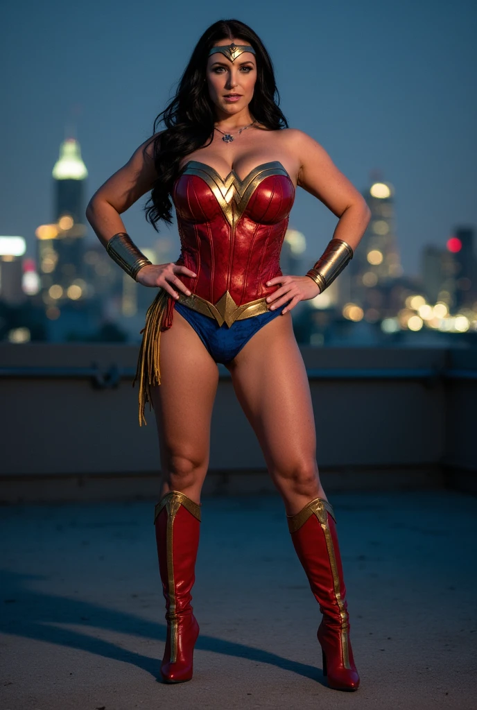 (Obra maestra, high resolucion, Realista:1.4), (It depicts an impressive Wonder Woman leaning against a window on the top floor of the building.:1.3), (His face was enjoying the warm sun., Con el viento, She gently shook her flowing dark hair.:1.2), (Sus ojos son de un azul seductor, Brilla intensamente:1.4), (Su belleza impecable que irradia piel:1.3), (Her body exudes charm and perfection, Usando un disfraz de Wonder Woman:1.2), tiara, Bustier rojo y dorado, Leotardo azul con estrellas blancas, Pulseras de plata, (Botas altas rojas hasta la rodilla:1.2), Golden Belt, (Ropa de Wonder Woman:1.0), hombro desnudo, ((piel bronceada clara: 1.4)), maduro, sexy, elastic muscles, (muscular: 1.2), ((Cuerpo fuerte y sano)), (((the more) muscular))), escote, Pierna larga, curvo, costilla, cintura delgada, cintura suave, (Piel fina y detallada), (Mujer hermosa y sexy), (labios hinchados: 0.9), (lashes: 1.2), very delicate muscles, (Canon EOS R5 mirrorless camera:1.3), (Emparejamiento con Canon RF 85mm f/1.Lente USM de 2L:1.3), (Captura cada detalle de su cautivadora presencia:1.2), (Hotel room surroundings with panoramic cityscapes:1.3), (Las ventanas de piso a techo dejan entrar mucha luz natural.:1.2), (sedoso, Modern interior design adds to the charm:1.1), (Lovely photo of a model with the most symmetrical and beautiful face in the world:1.4)